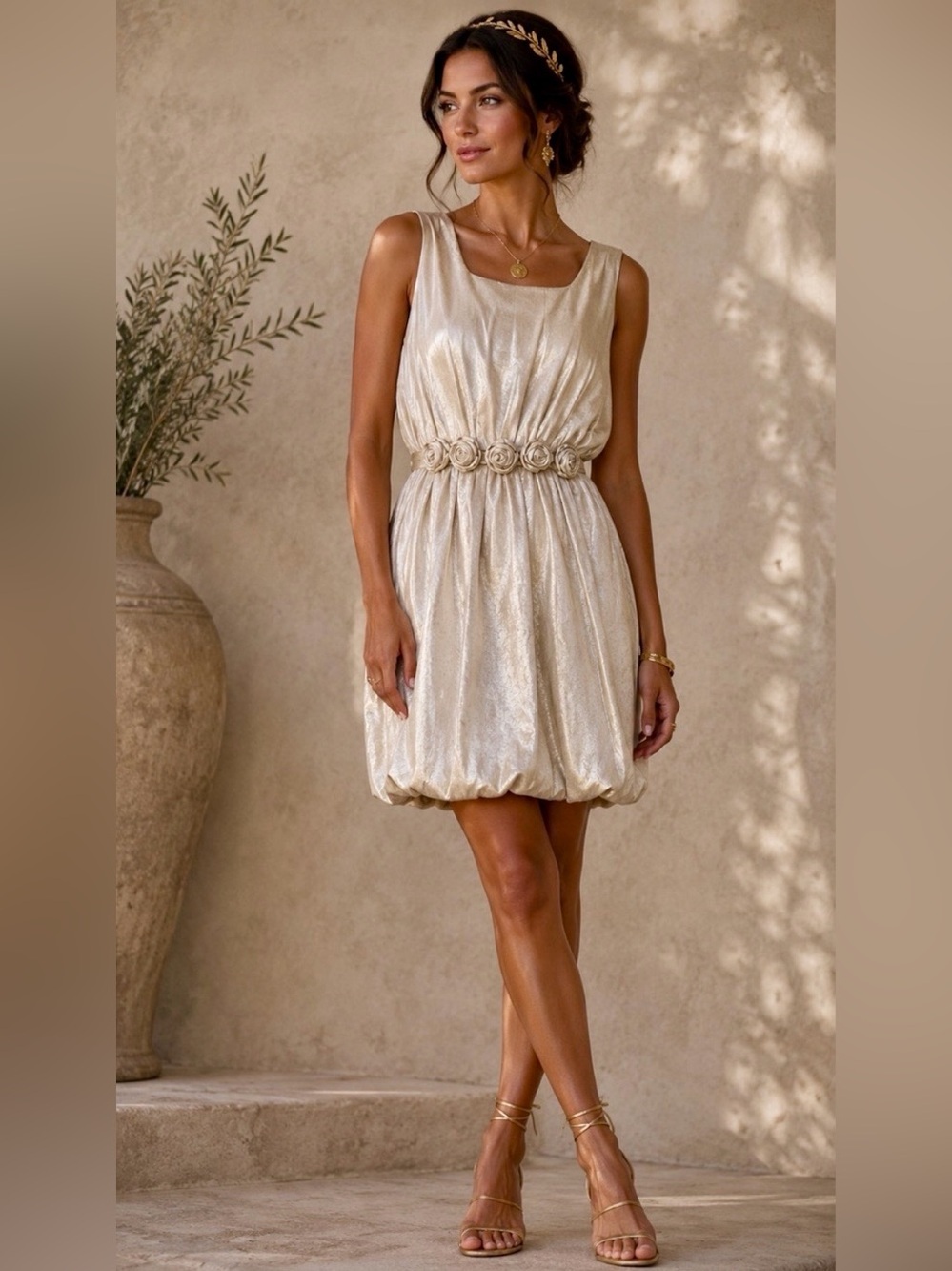 Ya Los Angeles Tan Greek Goddess Mini Dress with 3/D Waist Florals, Large